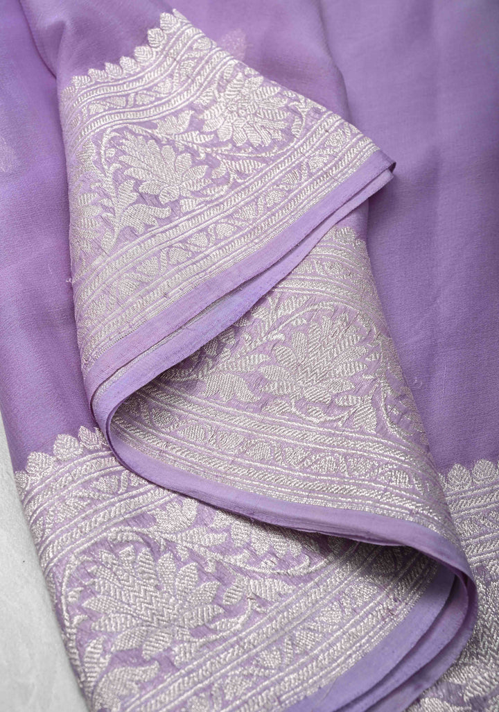 Ombre Pure Silk Banarasi Chiffon Saree in Shades of Peach and Lavender Color with Zari Border | SILK MARK CERTIFIED