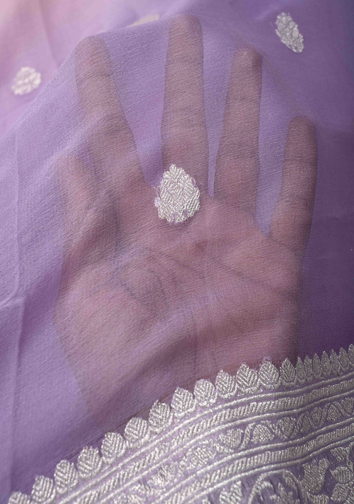 Ombre Pure Silk Banarasi Chiffon Saree in Shades of Peach and Lavender Color with Zari Border | SILK MARK CERTIFIED