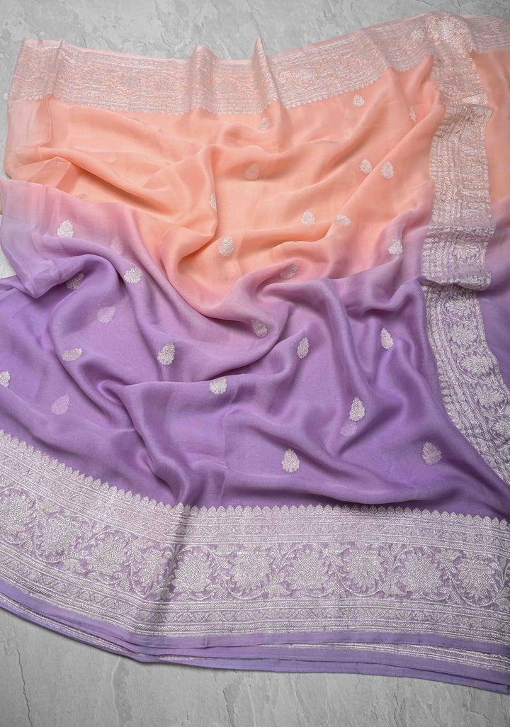 Ombre Pure Silk Banarasi Chiffon Saree in Shades of Peach and Lavender Color with Zari Border | SILK MARK CERTIFIED