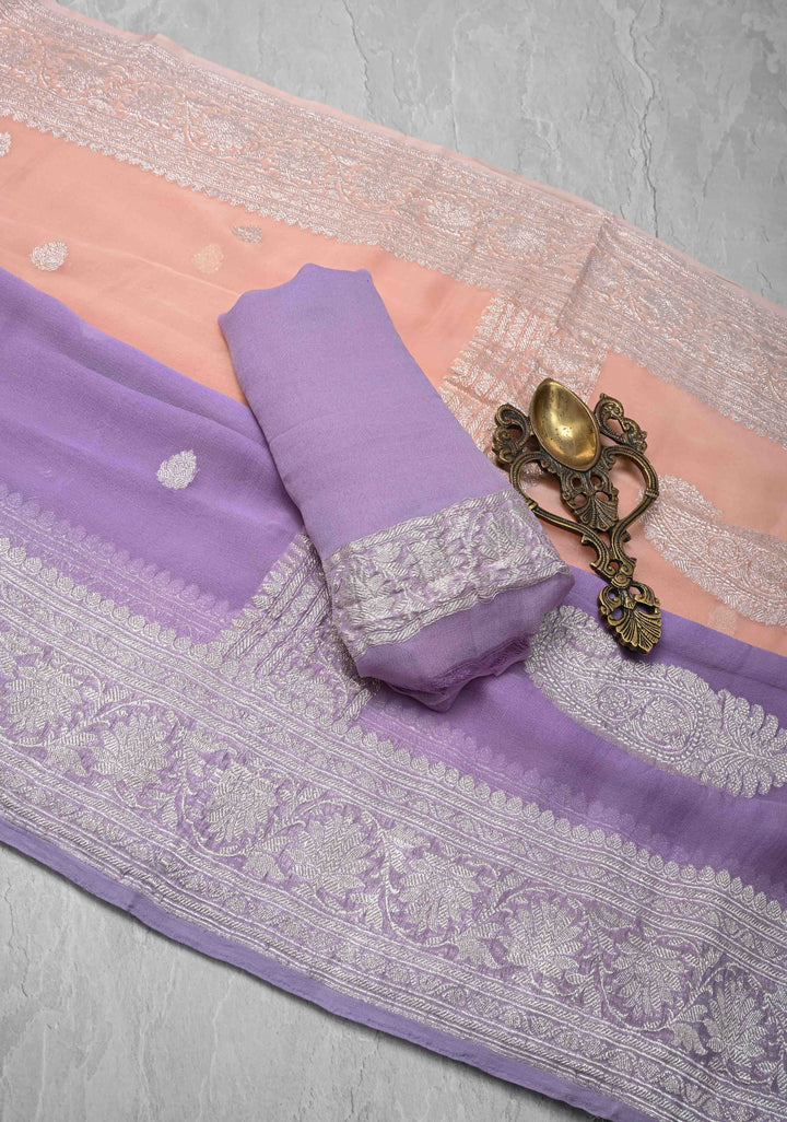 Ombre Pure Silk Banarasi Chiffon Saree in Shades of Peach and Lavender Color with Zari Border | SILK MARK CERTIFIED