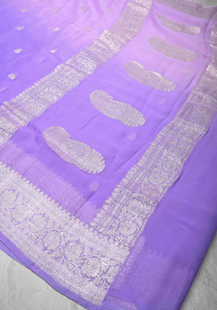 Ombre Pure Silk Banarasi Chiffon Saree in Shades of Pink Purple and Soft Lavender Color with Zari Border | SILK MARK CERTIFIED