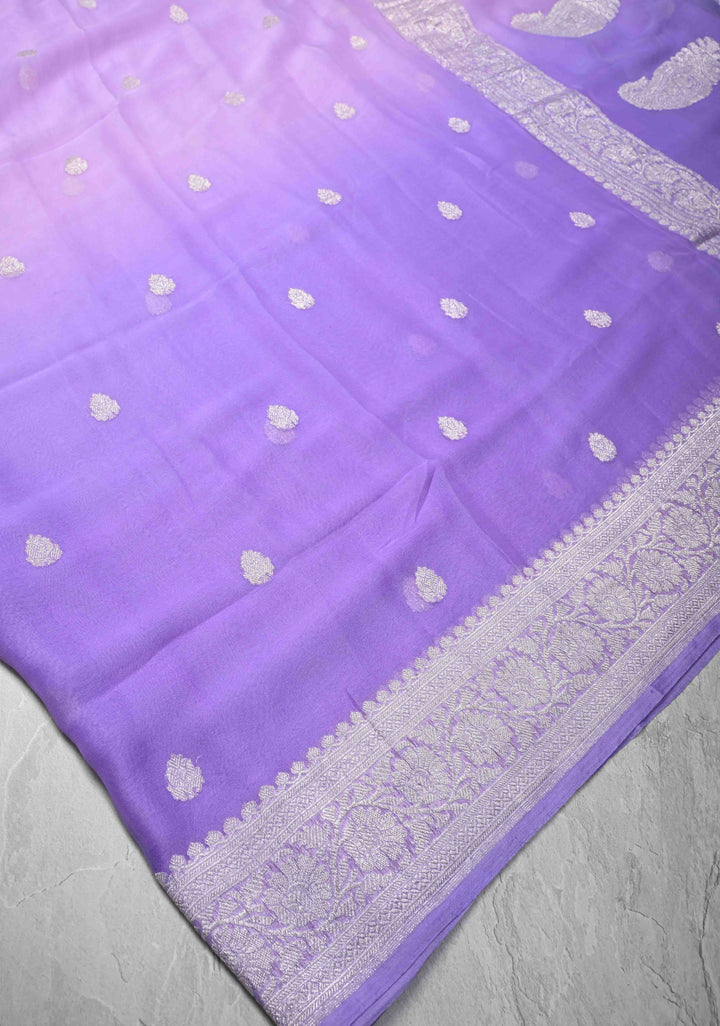 Ombre Pure Silk Banarasi Chiffon Saree in Shades of Pink Purple and Soft Lavender Color with Zari Border | SILK MARK CERTIFIED