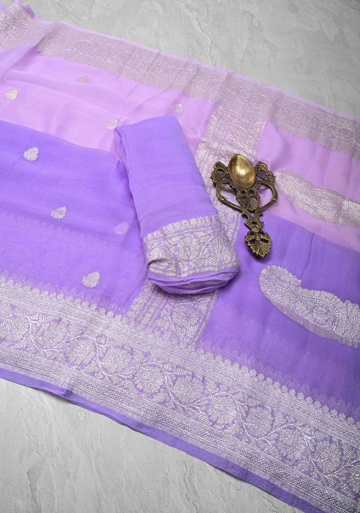Ombre Pure Silk Banarasi Chiffon Saree in Shades of Pink Purple and Soft Lavender Color with Zari Border | SILK MARK CERTIFIED