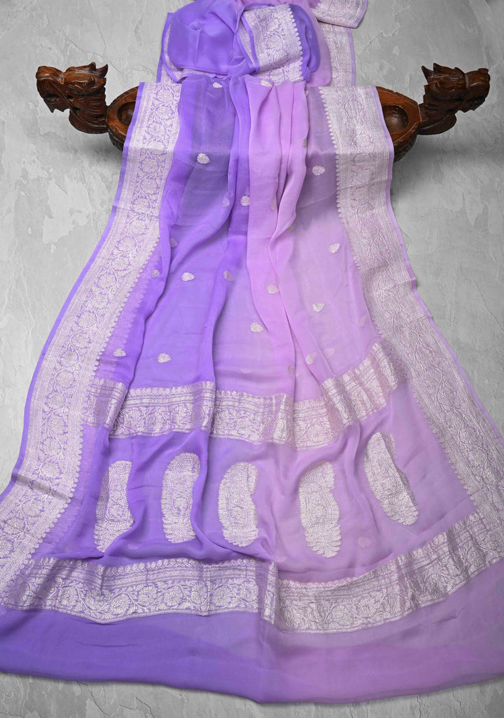 Ombre Pure Silk Banarasi Chiffon Saree in Shades of Pink Purple and Soft Lavender Color with Zari Border | SILK MARK CERTIFIED