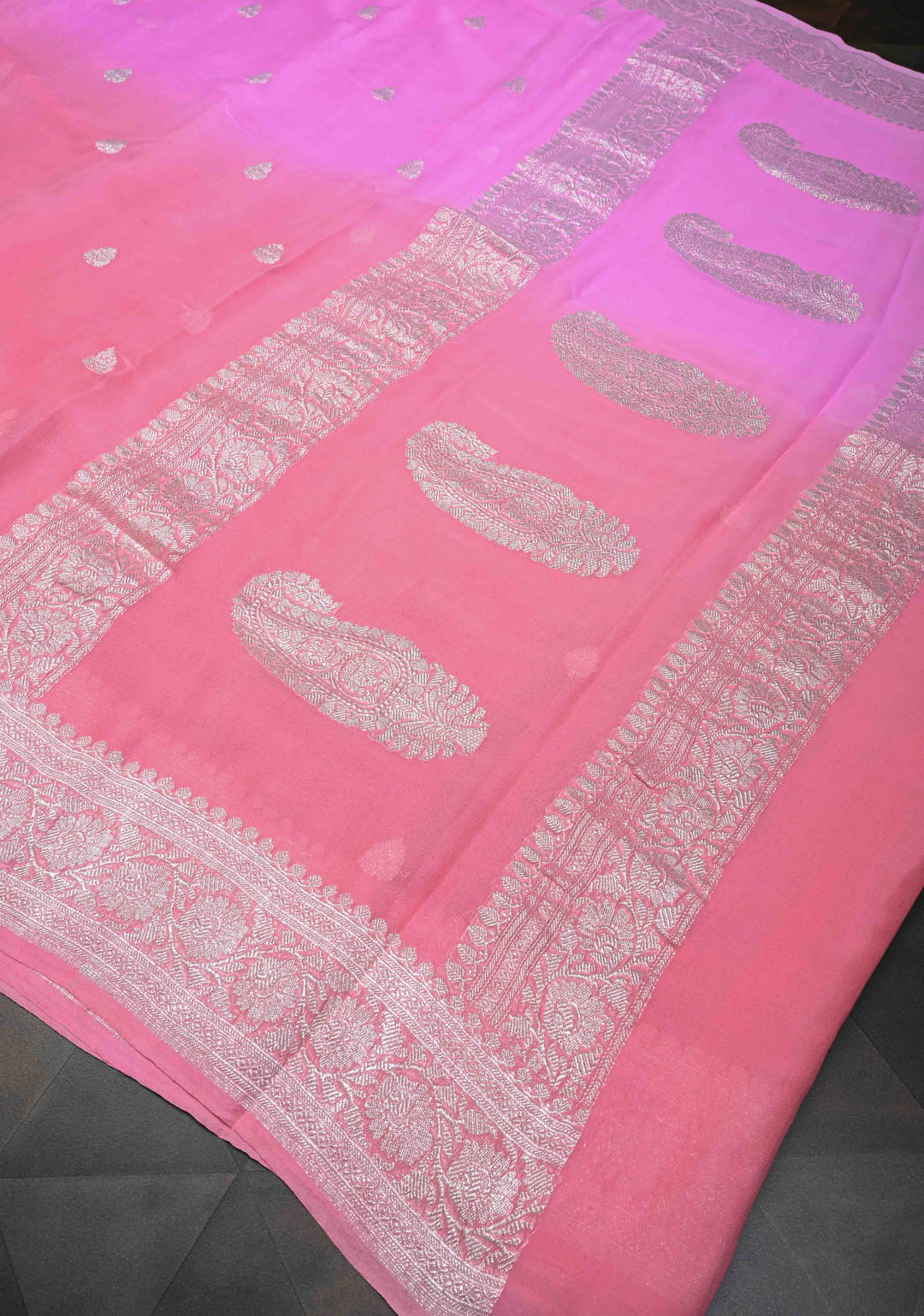 Ombre Pure Silk Banarasi Chiffon Saree in Shades of Bubble gum pink and Rose pink with Zari Buttas and Border | SILK MARK CERTIFIED