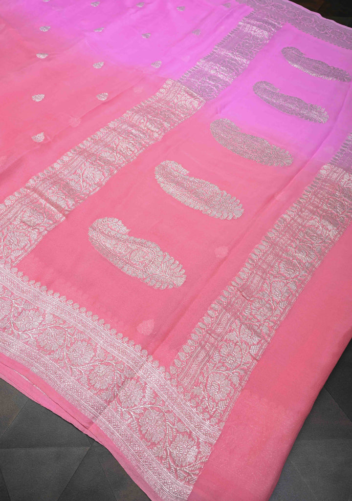 Ombre Pure Silk Banarasi Chiffon Saree in Shades of Bubble gum pink and Rose pink with Zari Buttas and Border | SILK MARK CERTIFIED