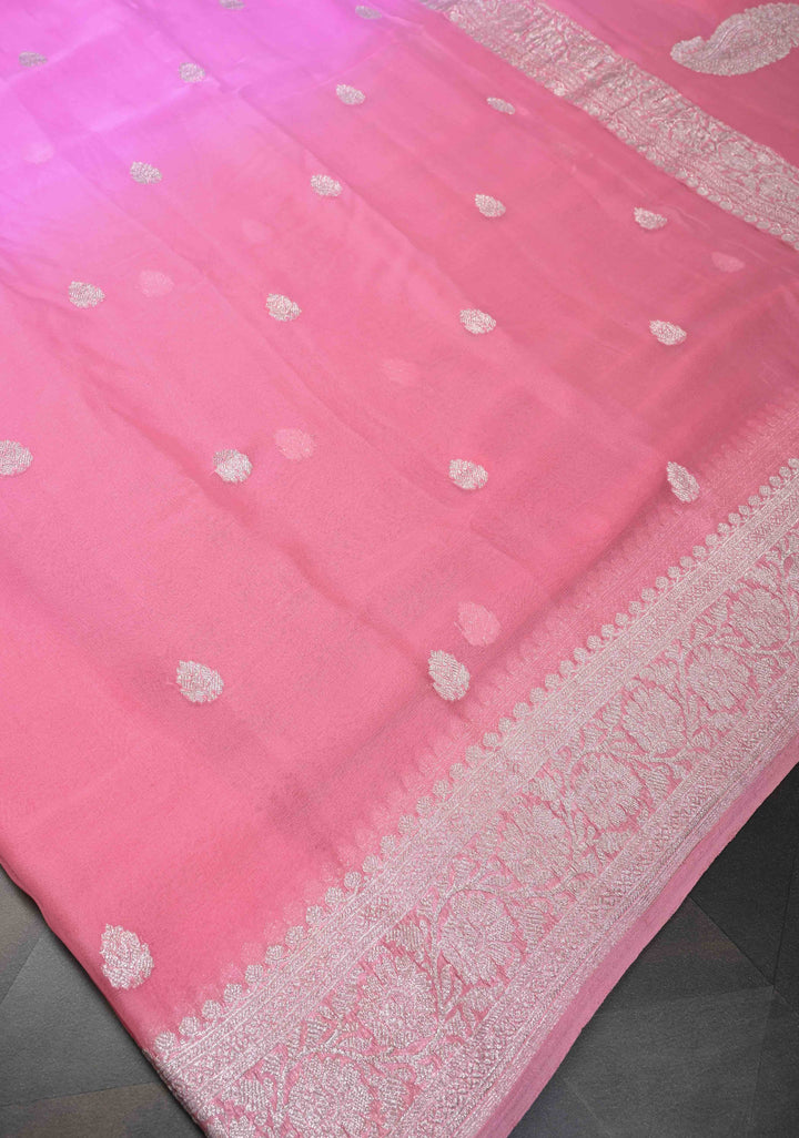 Ombre Pure Silk Banarasi Chiffon Saree in Shades of Bubble gum pink and Rose pink with Zari Buttas and Border | SILK MARK CERTIFIED
