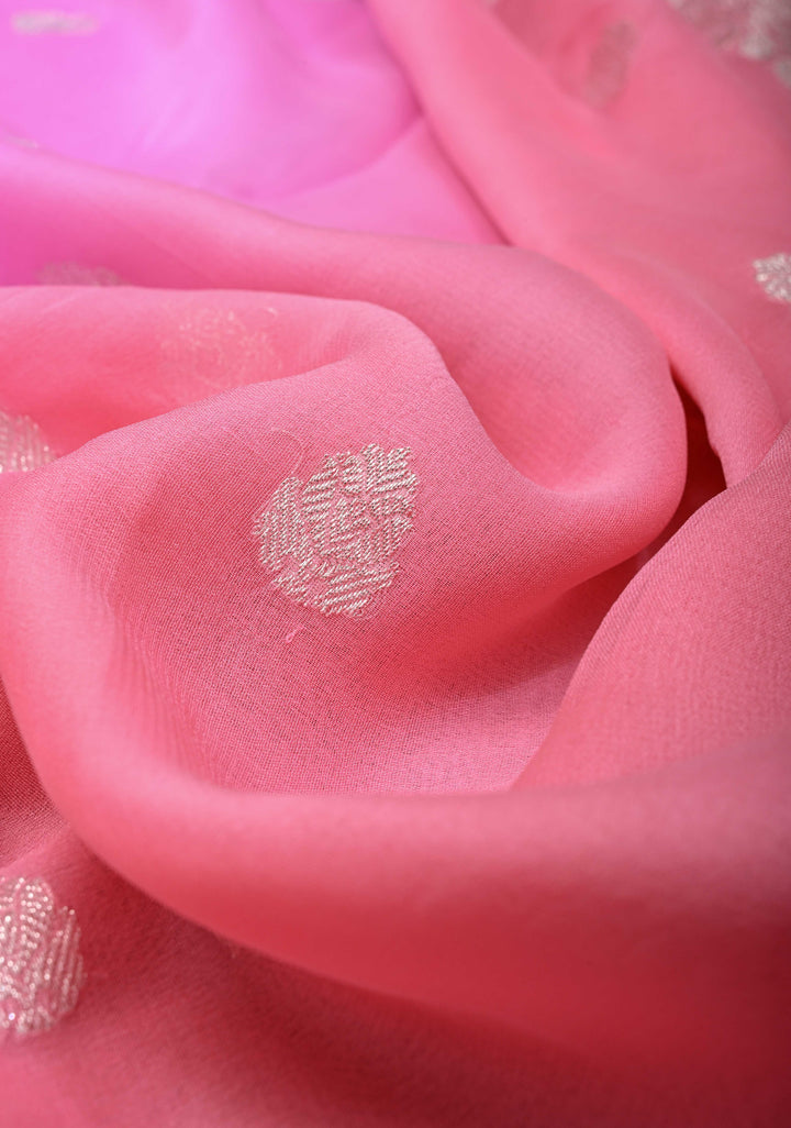Ombre Pure Silk Banarasi Chiffon Saree in Shades of Bubble gum pink and Rose pink with Zari Buttas and Border | SILK MARK CERTIFIED