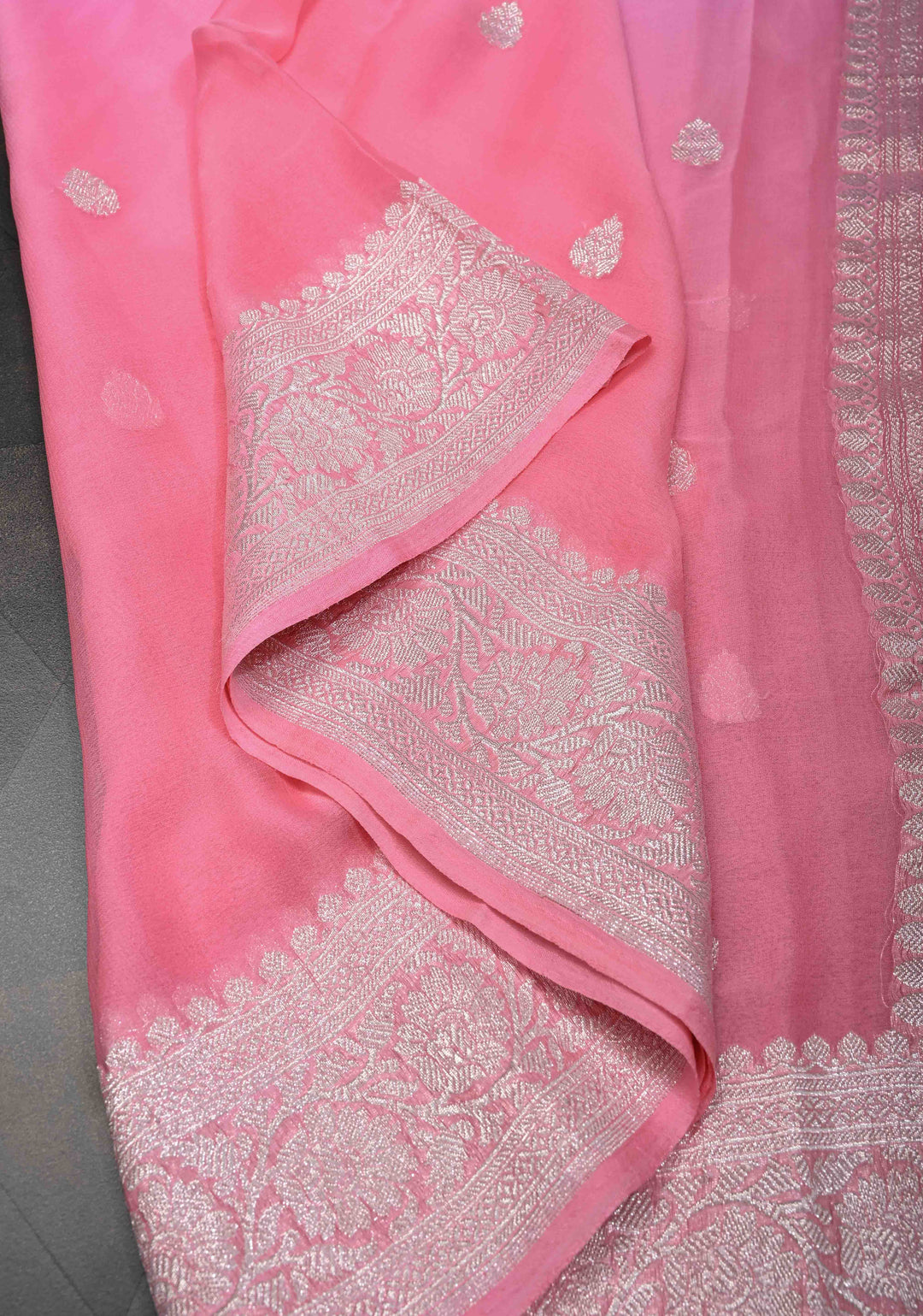 Ombre Pure Silk Banarasi Chiffon Saree in Shades of Bubble gum pink and Rose pink with Zari Buttas and Border | SILK MARK CERTIFIED