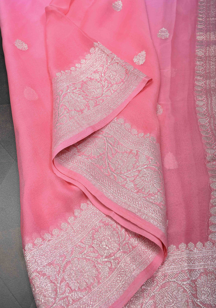 Ombre Pure Silk Banarasi Chiffon Saree in Shades of Bubble gum pink and Rose pink with Zari Buttas and Border | SILK MARK CERTIFIED