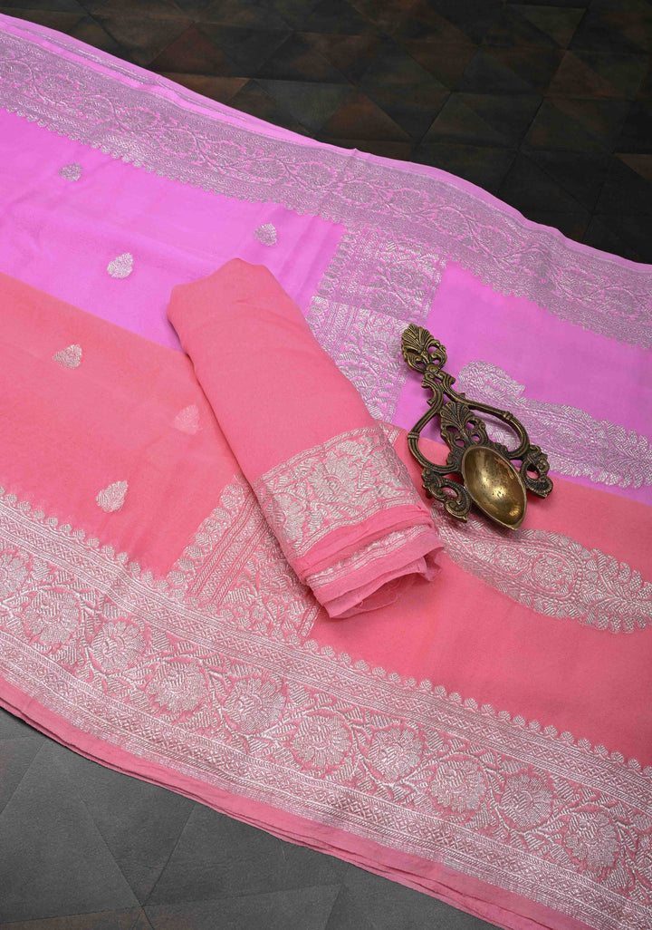Ombre Pure Silk Banarasi Chiffon Saree in Shades of Bubble gum pink and Rose pink with Zari Buttas and Border | SILK MARK CERTIFIED