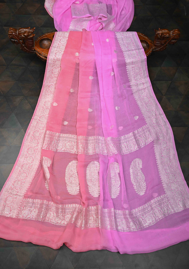Ombre Pure Silk Banarasi Chiffon Saree in Shades of Bubble gum pink and Rose pink with Zari Buttas and Border | SILK MARK CERTIFIED