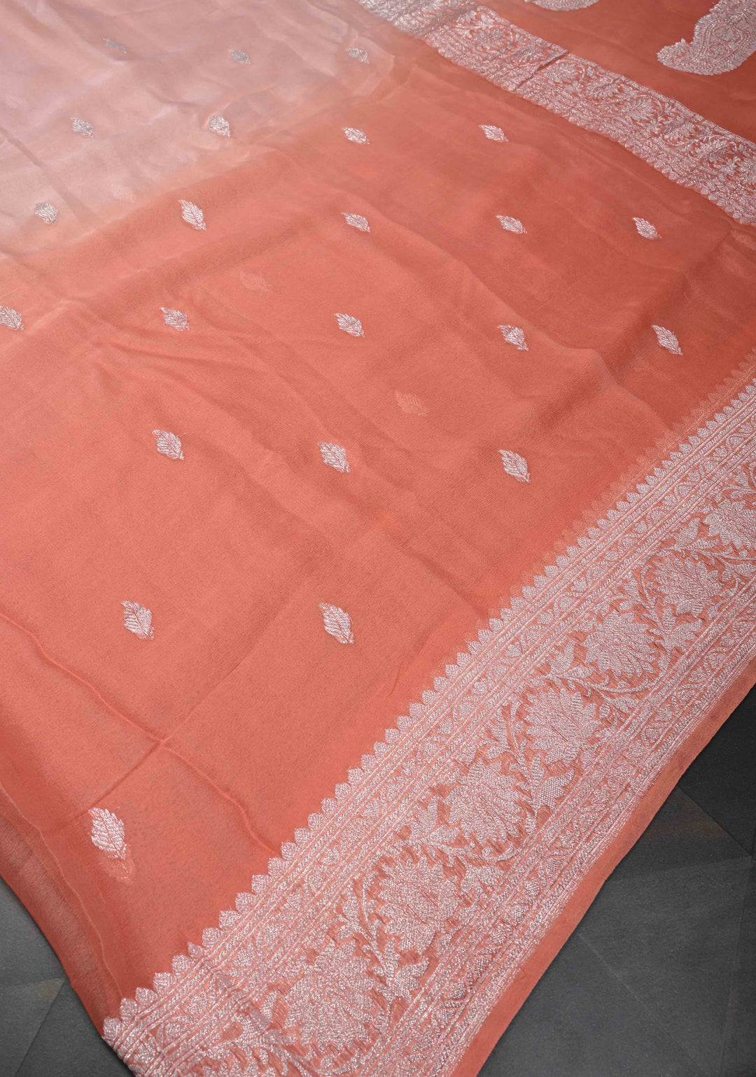 Ombre Pure Silk Banarasi Chiffon Saree in Shades of Peach and Salmon with Zari Buttas and Border | SILK MARK CERTIFIED