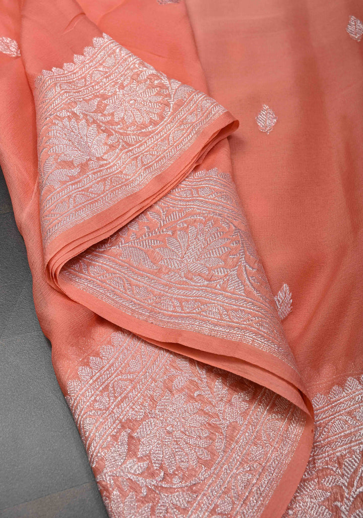 Ombre Pure Silk Banarasi Chiffon Saree in Shades of Peach and Salmon with Zari Buttas and Border | SILK MARK CERTIFIED