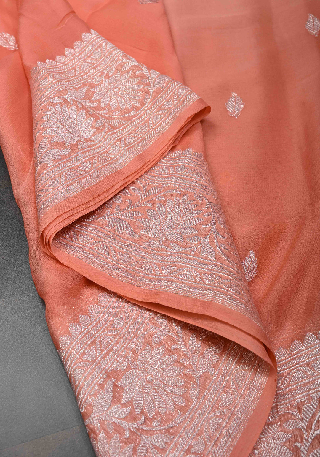 Ombre Pure Silk Banarasi Chiffon Saree in Shades of Peach and Salmon with Zari Buttas and Border | SILK MARK CERTIFIED