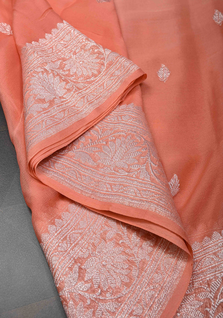 Ombre Pure Silk Banarasi Chiffon Saree in Shades of Peach and Salmon with Zari Buttas and Border | SILK MARK CERTIFIED