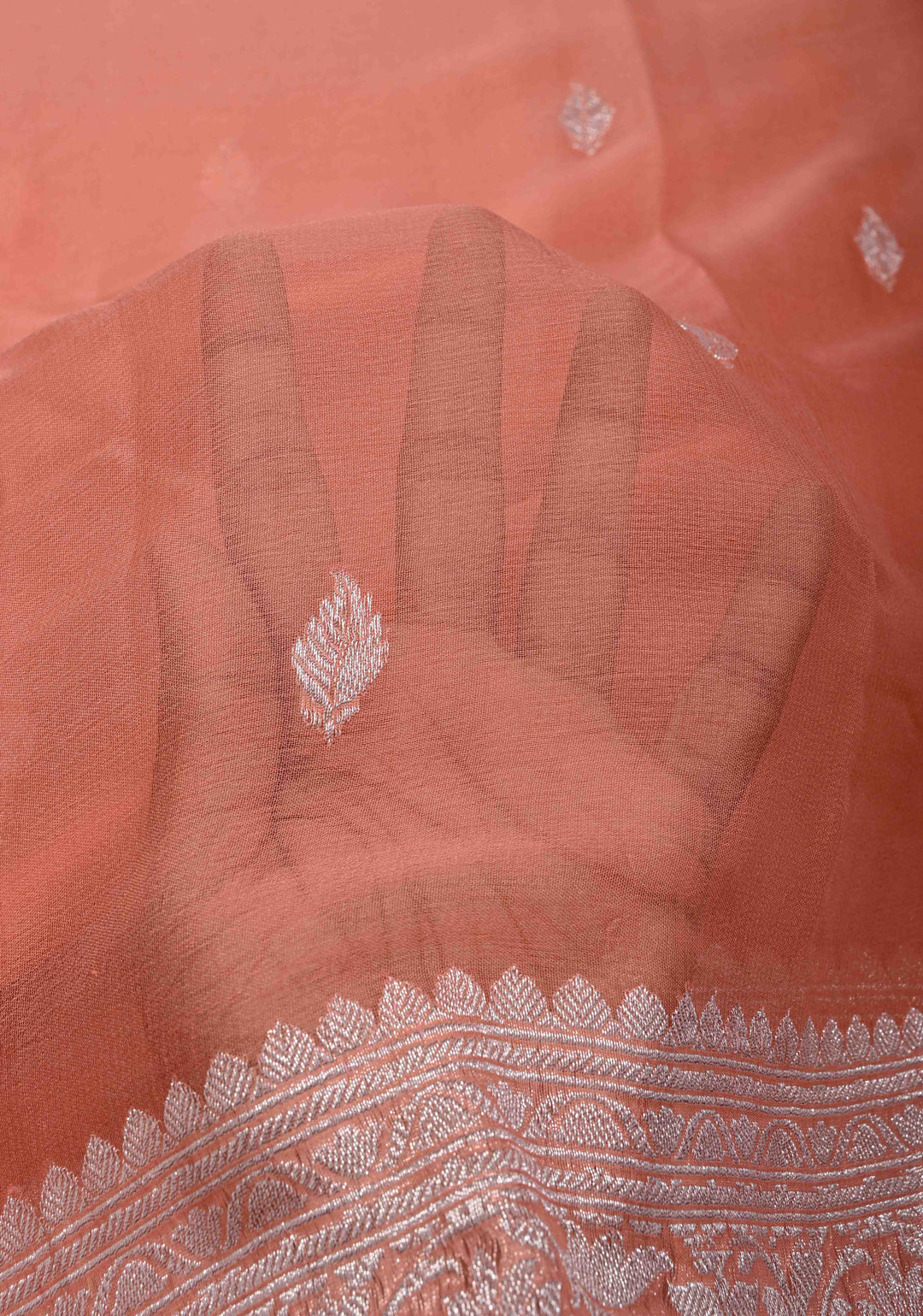 Ombre Pure Silk Banarasi Chiffon Saree in Shades of Peach and Salmon with Zari Buttas and Border | SILK MARK CERTIFIED