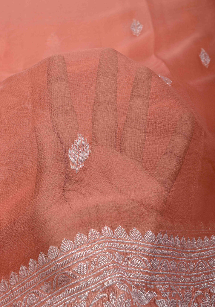 Ombre Pure Silk Banarasi Chiffon Saree in Shades of Peach and Salmon with Zari Buttas and Border | SILK MARK CERTIFIED