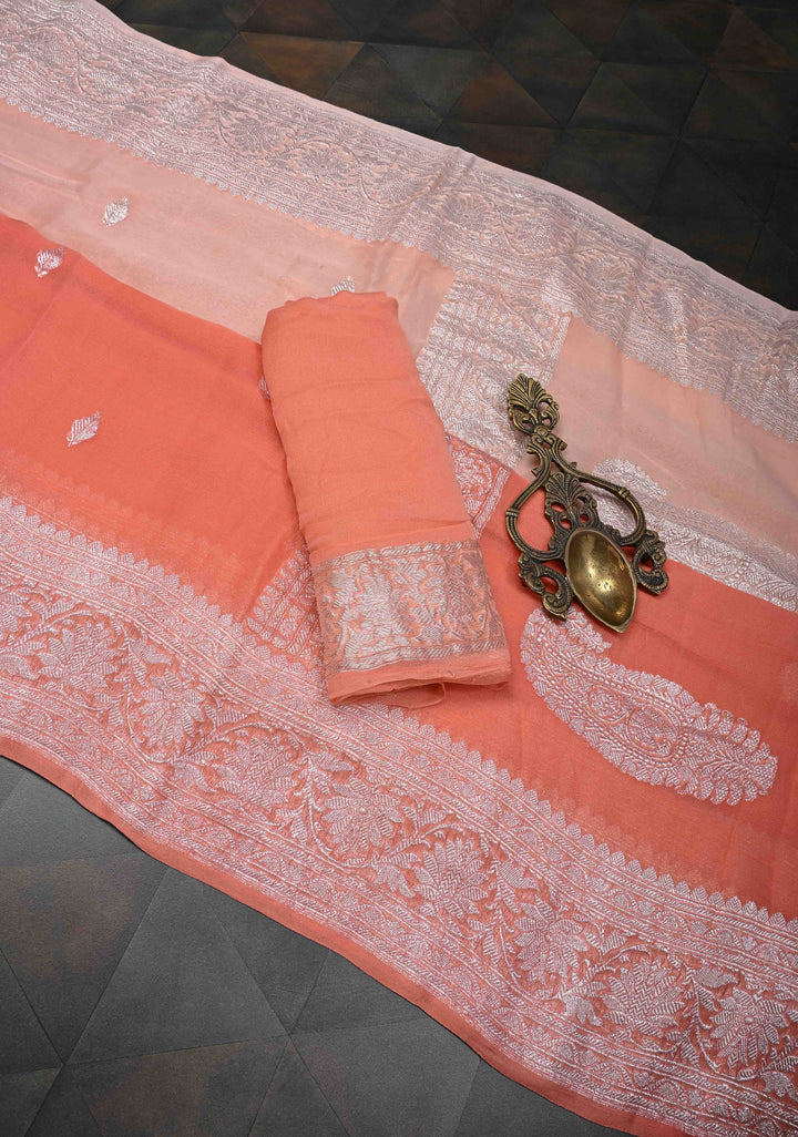 Ombre Pure Silk Banarasi Chiffon Saree in Shades of Peach and Salmon with Zari Buttas and Border | SILK MARK CERTIFIED