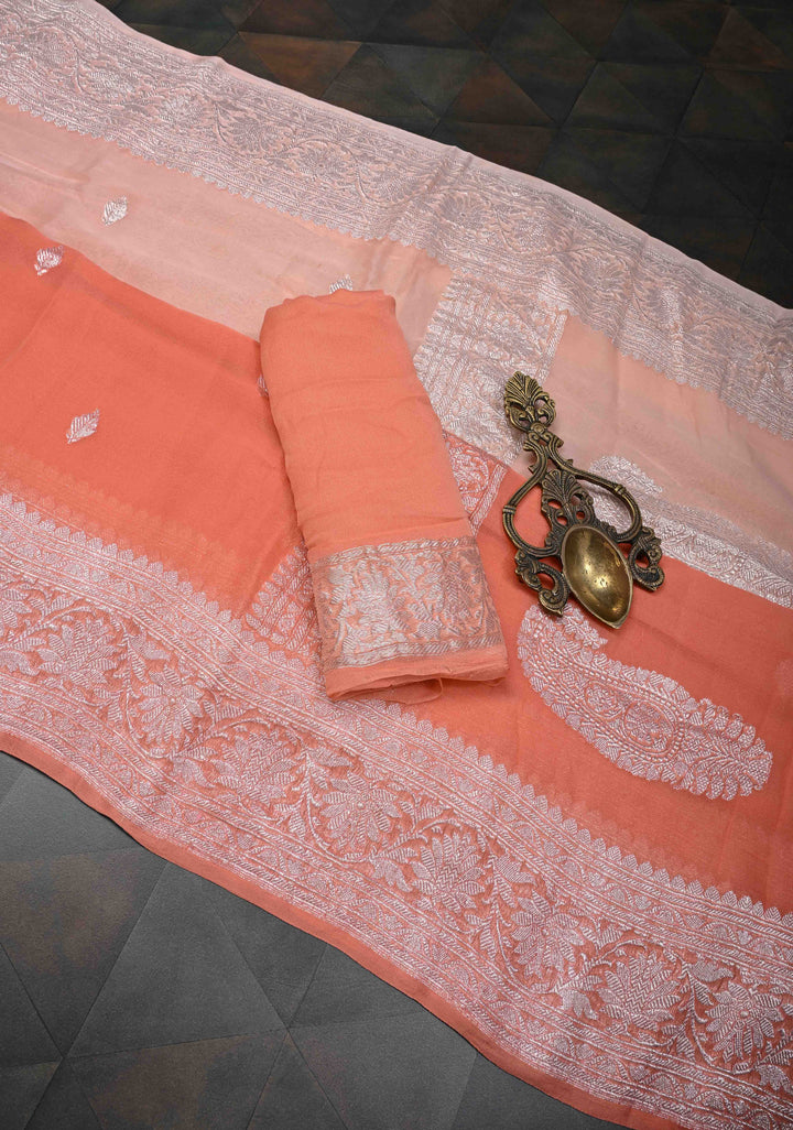 Ombre Pure Silk Banarasi Chiffon Saree in Shades of Peach and Salmon with Zari Buttas and Border | SILK MARK CERTIFIED