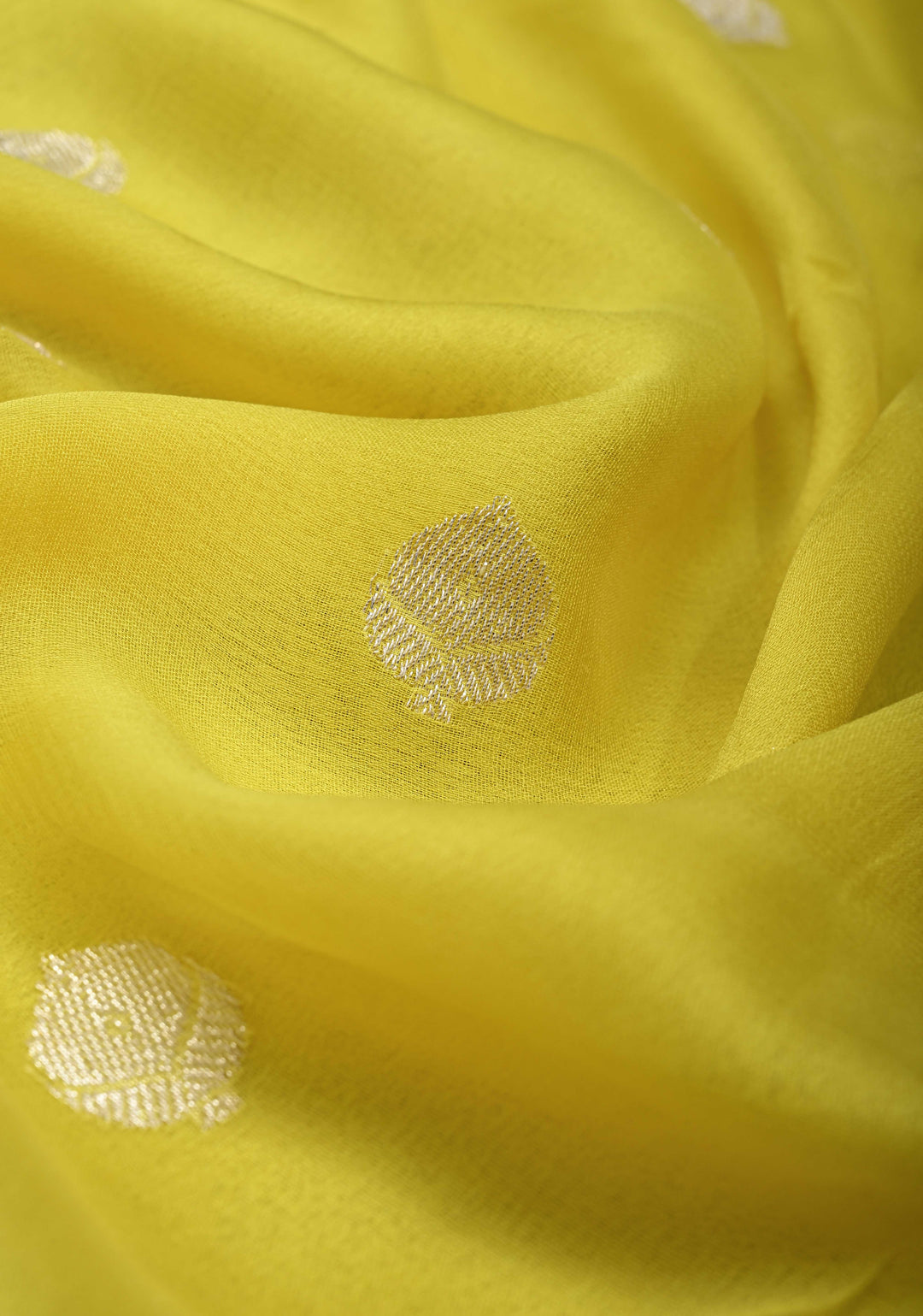 Yellow Pure Chiffon Silk Saree with Silver tone Zari Buttas and Border | SILK MARK CERTIFIED