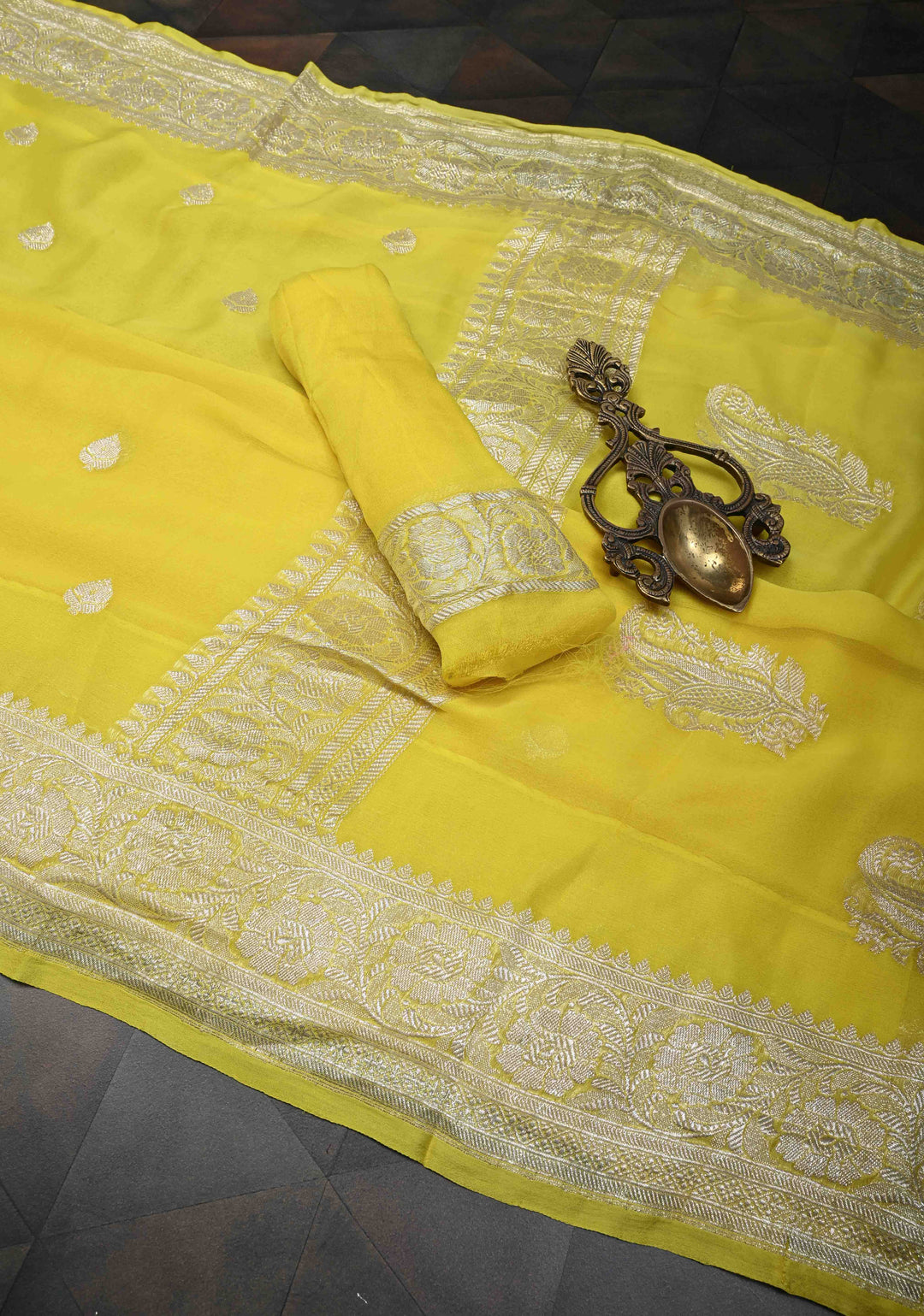 Yellow Pure Chiffon Silk Saree with Silver tone Zari Buttas and Border | SILK MARK CERTIFIED