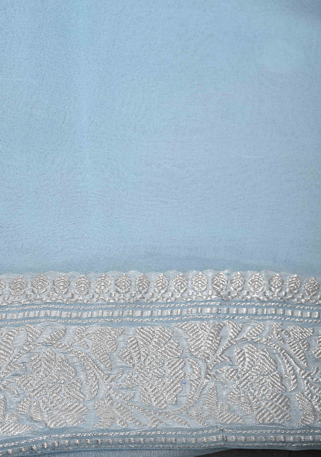 Powder Blue Pure Chiffon Silk Saree with Silver tone Zari Buttas and Border | SILK MARK CERTIFIED