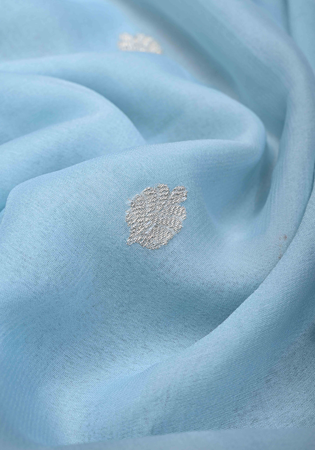 Powder Blue Pure Chiffon Silk Saree with Silver tone Zari Buttas and Border | SILK MARK CERTIFIED