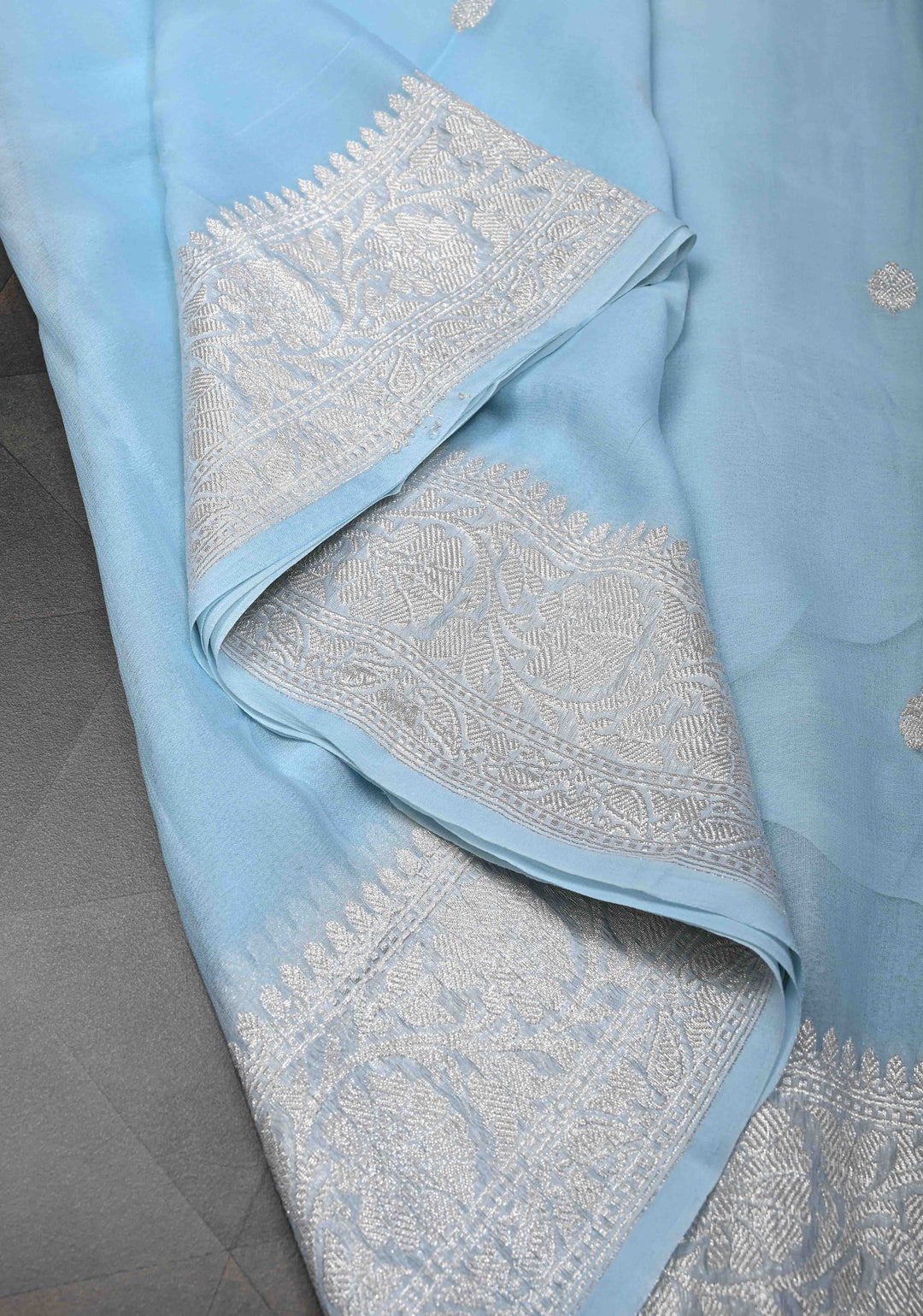 Powder Blue Pure Chiffon Silk Saree with Silver tone Zari Buttas and Border | SILK MARK CERTIFIED