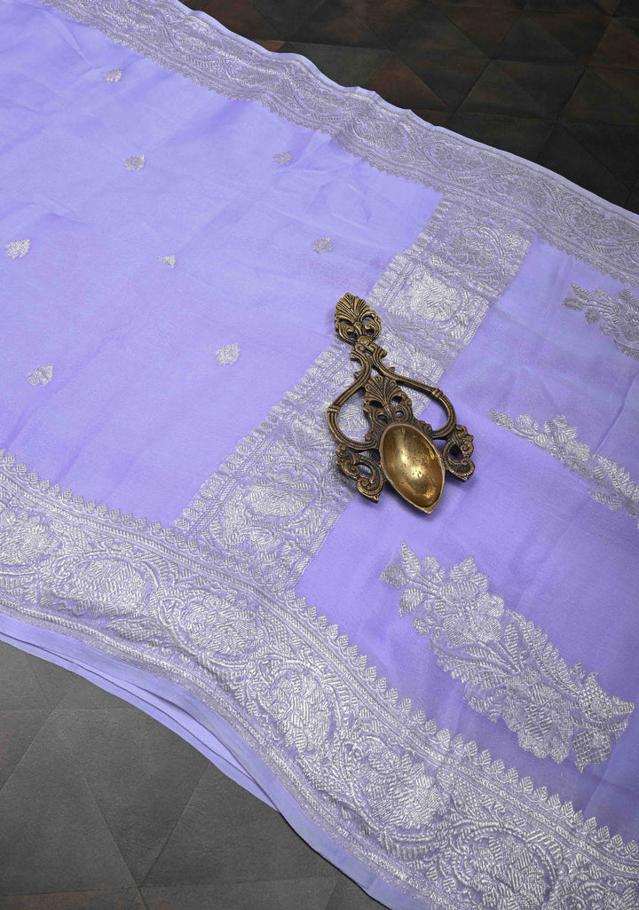 Periwinkle Pure Chiffon Silk Saree with Silver tone Zari Buttas and Border | SILK MARK CERTIFIED