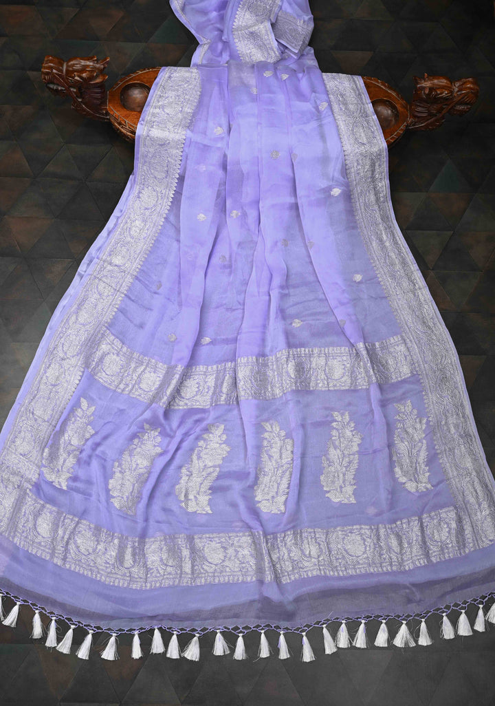 Periwinkle Pure Chiffon Silk Saree with Silver tone Zari Buttas and Border | SILK MARK CERTIFIED