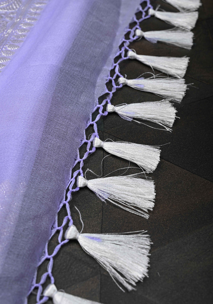 Periwinkle Pure Chiffon Silk Saree with Silver tone Zari Buttas and Border | SILK MARK CERTIFIED