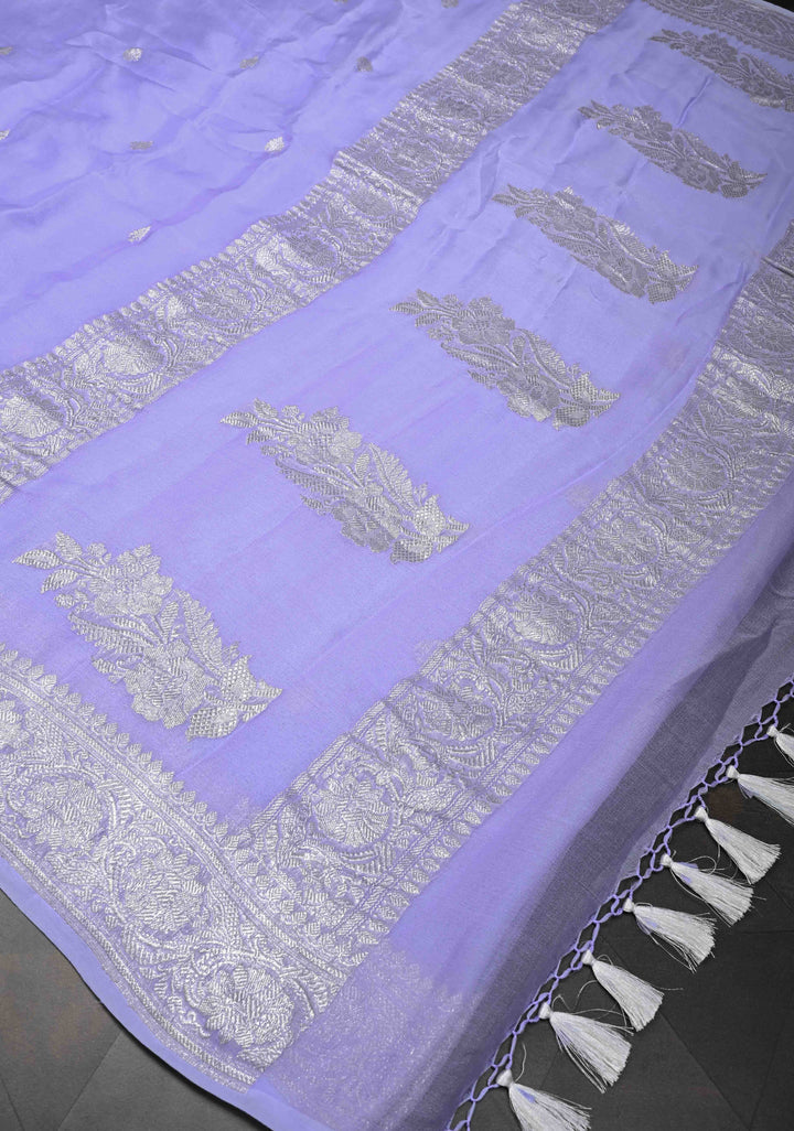 Periwinkle Pure Chiffon Silk Saree with Silver tone Zari Buttas and Border | SILK MARK CERTIFIED