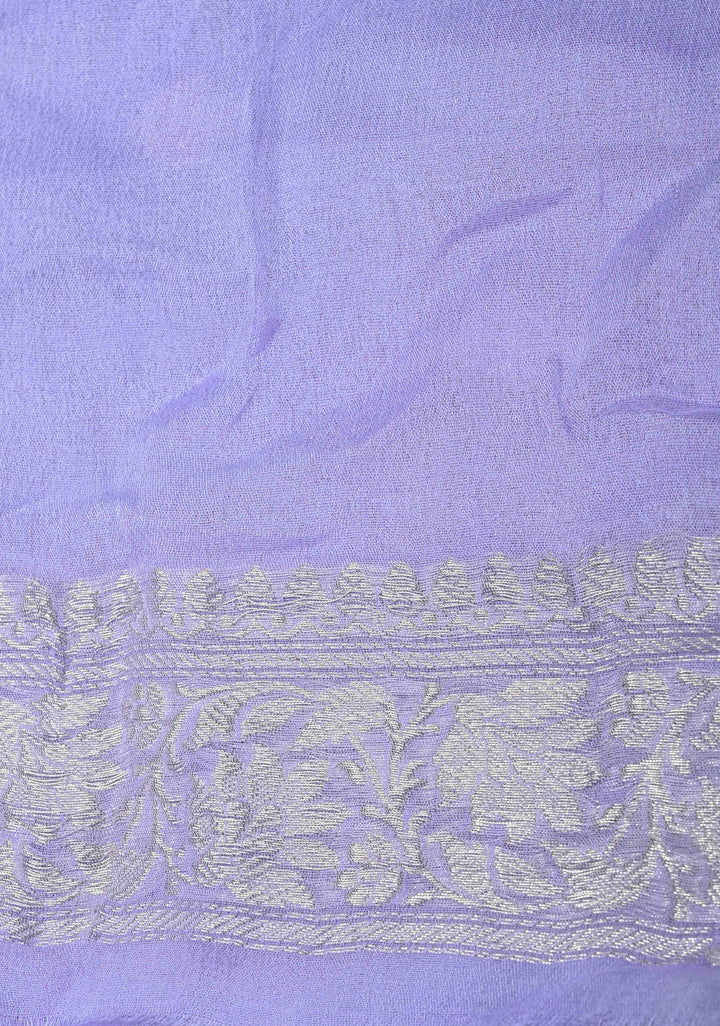 Periwinkle Pure Chiffon Silk Saree with Silver tone Zari Buttas and Border | SILK MARK CERTIFIED