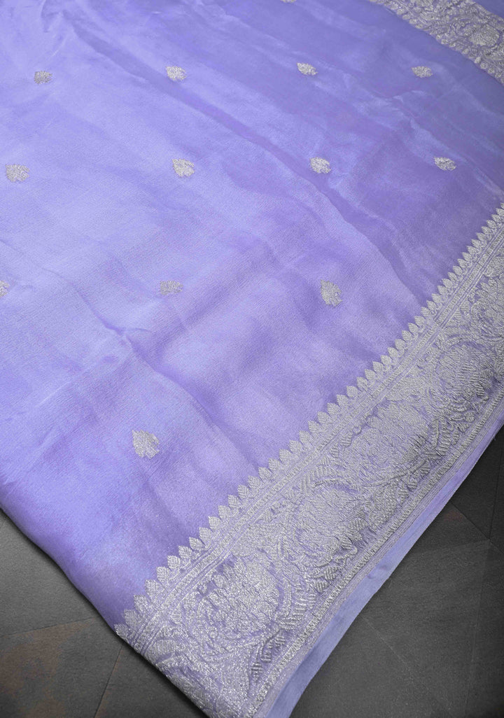Periwinkle Pure Chiffon Silk Saree with Silver tone Zari Buttas and Border | SILK MARK CERTIFIED