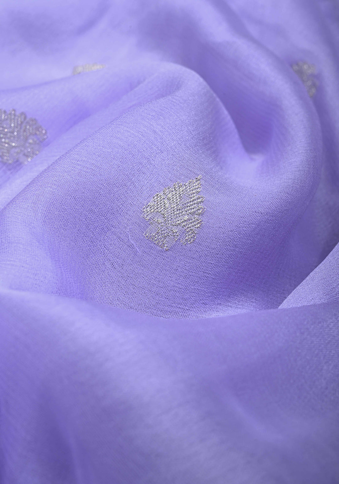 Periwinkle Pure Chiffon Silk Saree with Silver tone Zari Buttas and Border | SILK MARK CERTIFIED