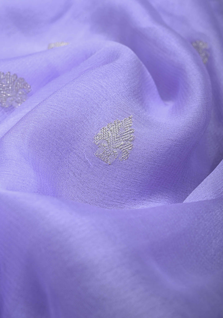Periwinkle Pure Chiffon Silk Saree with Silver tone Zari Buttas and Border | SILK MARK CERTIFIED