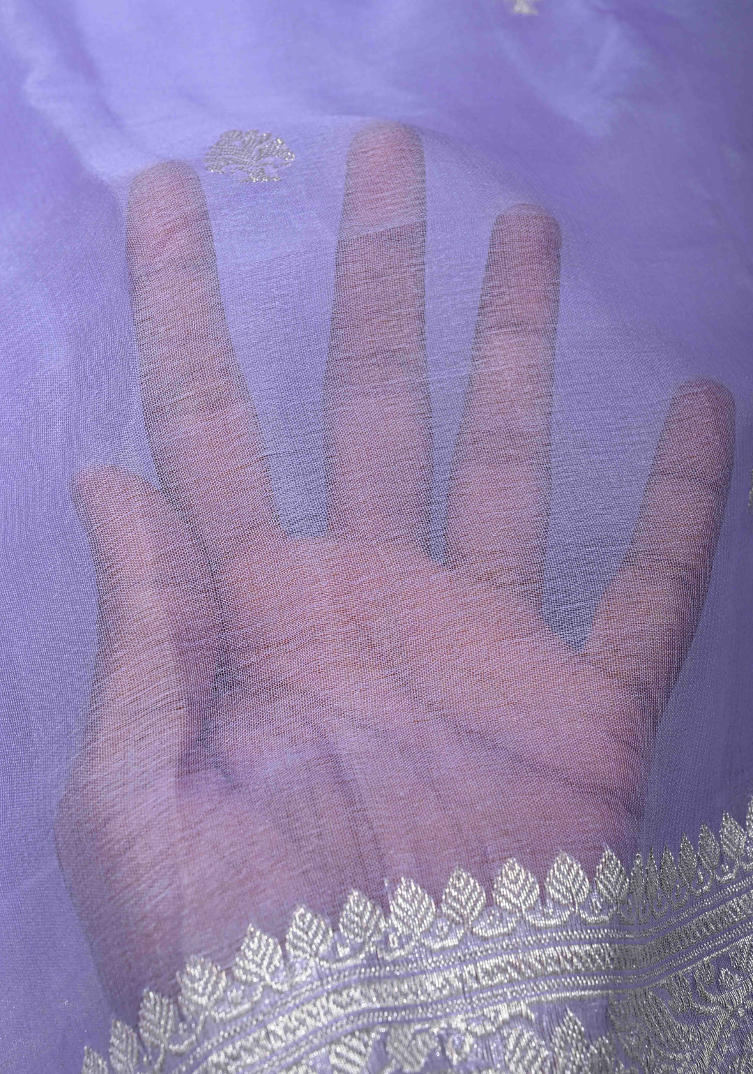 Periwinkle Pure Chiffon Silk Saree with Silver tone Zari Buttas and Border | SILK MARK CERTIFIED