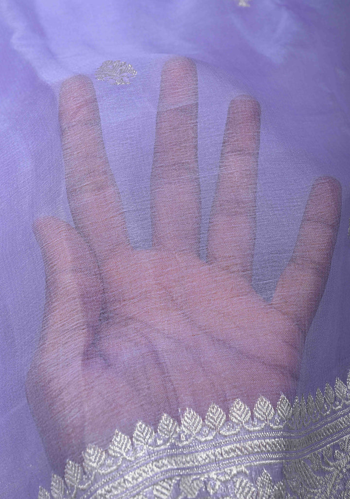 Periwinkle Pure Chiffon Silk Saree with Silver tone Zari Buttas and Border | SILK MARK CERTIFIED