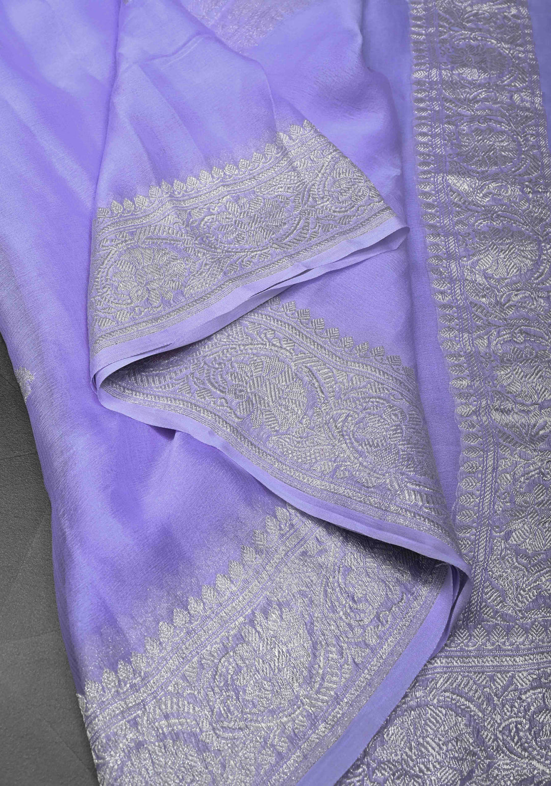 Periwinkle Pure Chiffon Silk Saree with Silver tone Zari Buttas and Border | SILK MARK CERTIFIED