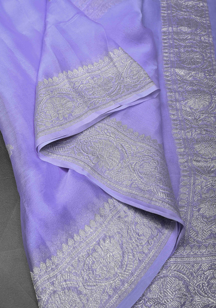 Periwinkle Pure Chiffon Silk Saree with Silver tone Zari Buttas and Border | SILK MARK CERTIFIED