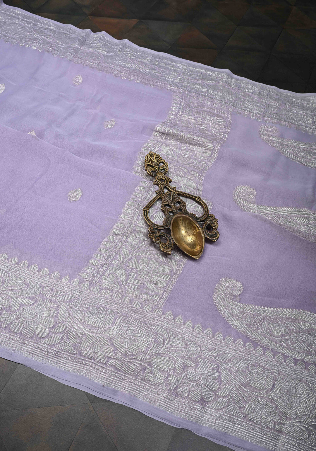 Dusty Lilac Pure Chiffon Silk Saree with Silver tone Zari Buttas and Border | SILK MARK CERTIFIED