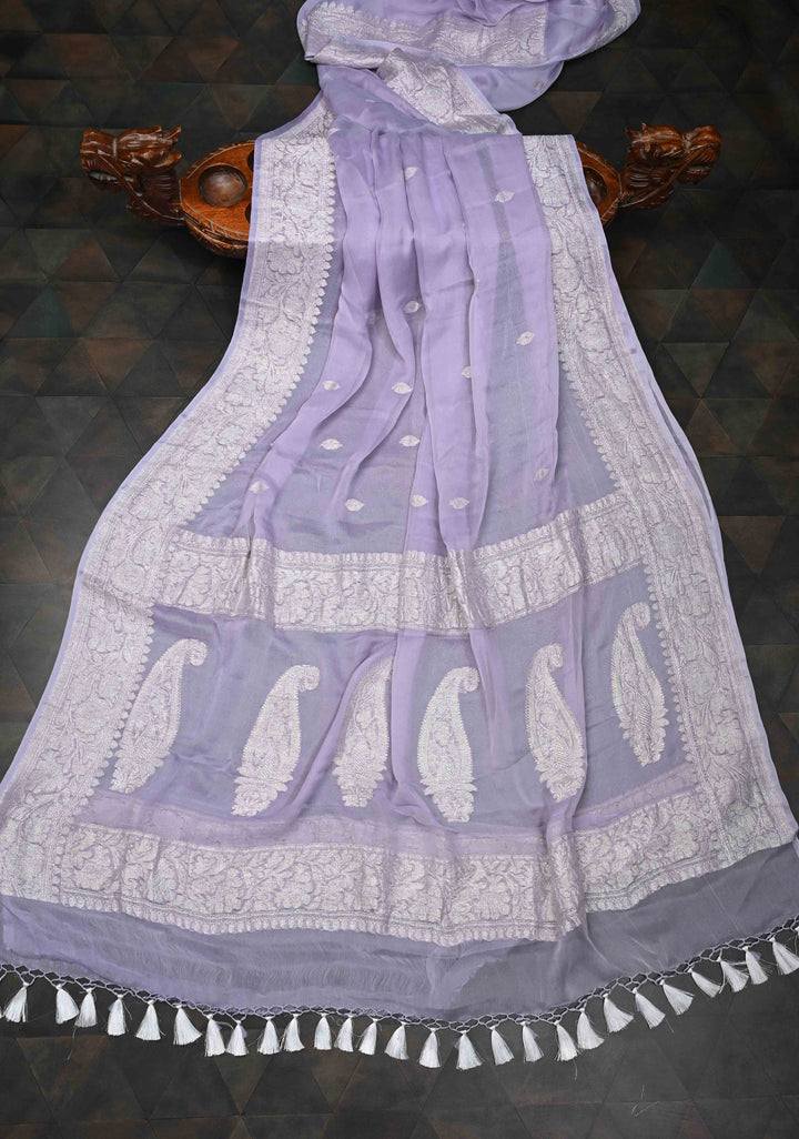 Dusty Lilac Pure Chiffon Silk Saree with Silver tone Zari Buttas and Border | SILK MARK CERTIFIED