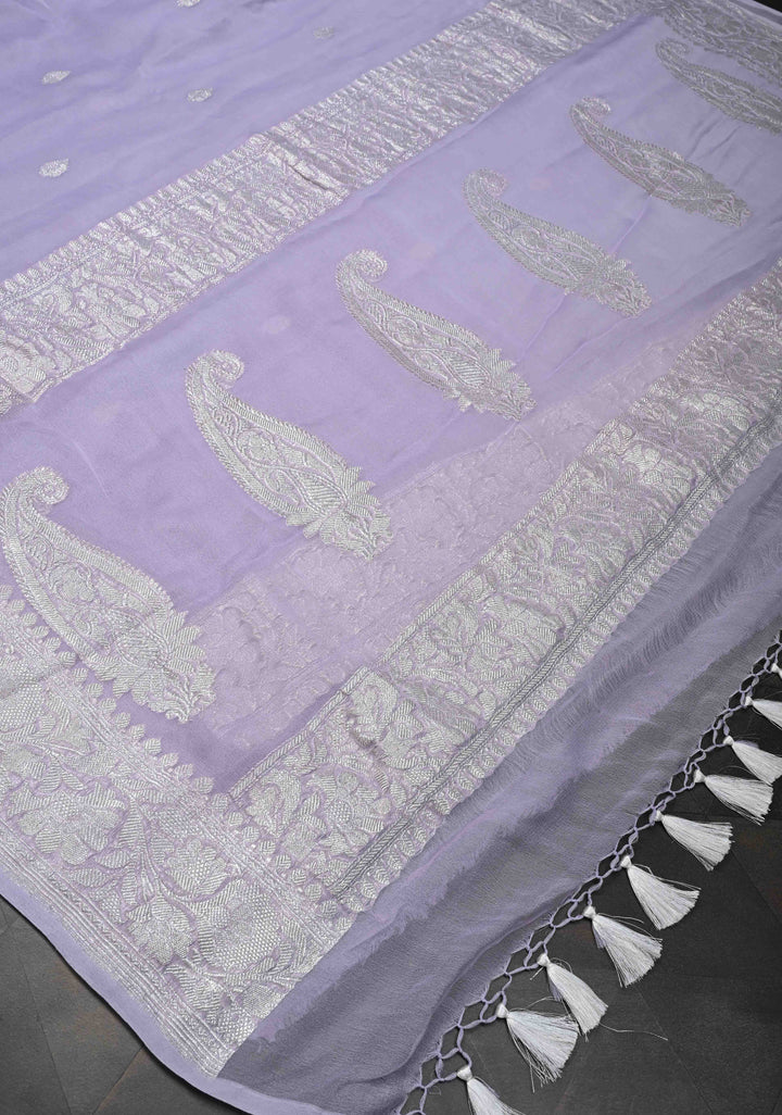 Dusty Lilac Pure Chiffon Silk Saree with Silver tone Zari Buttas and Border | SILK MARK CERTIFIED