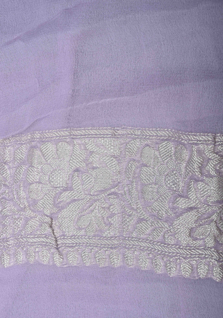 Dusty Lilac Pure Chiffon Silk Saree with Silver tone Zari Buttas and Border | SILK MARK CERTIFIED