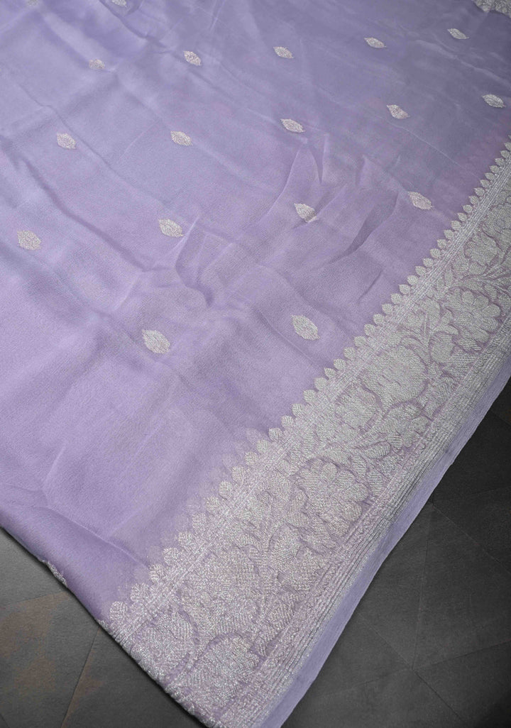 Dusty Lilac Pure Chiffon Silk Saree with Silver tone Zari Buttas and Border | SILK MARK CERTIFIED