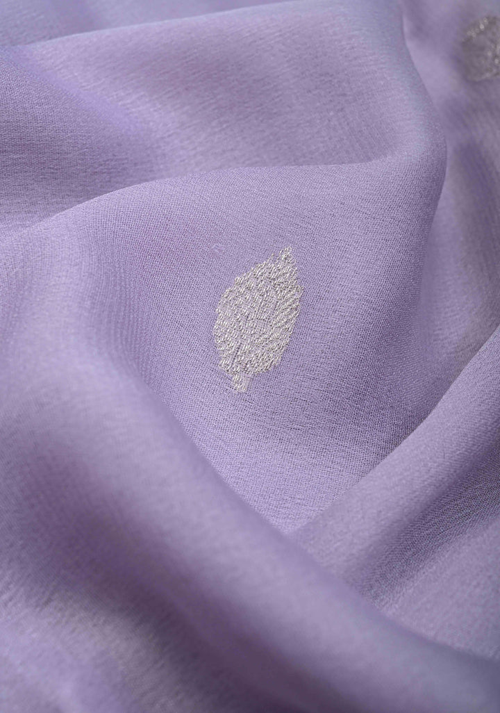 Dusty Lilac Pure Chiffon Silk Saree with Silver tone Zari Buttas and Border | SILK MARK CERTIFIED