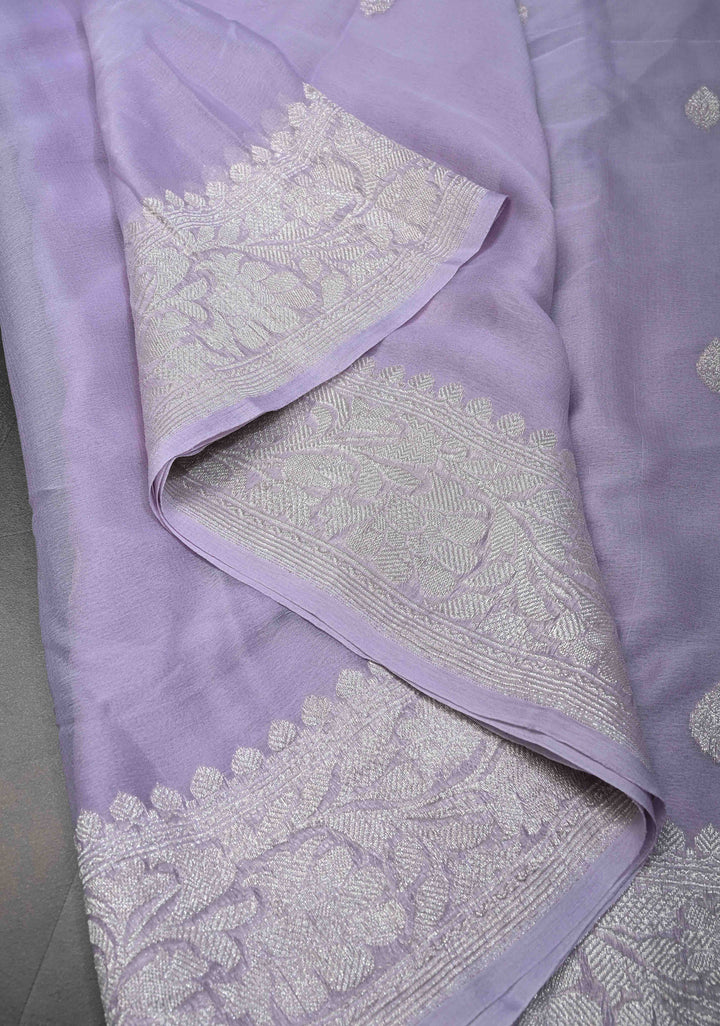 Dusty Lilac Pure Chiffon Silk Saree with Silver tone Zari Buttas and Border | SILK MARK CERTIFIED