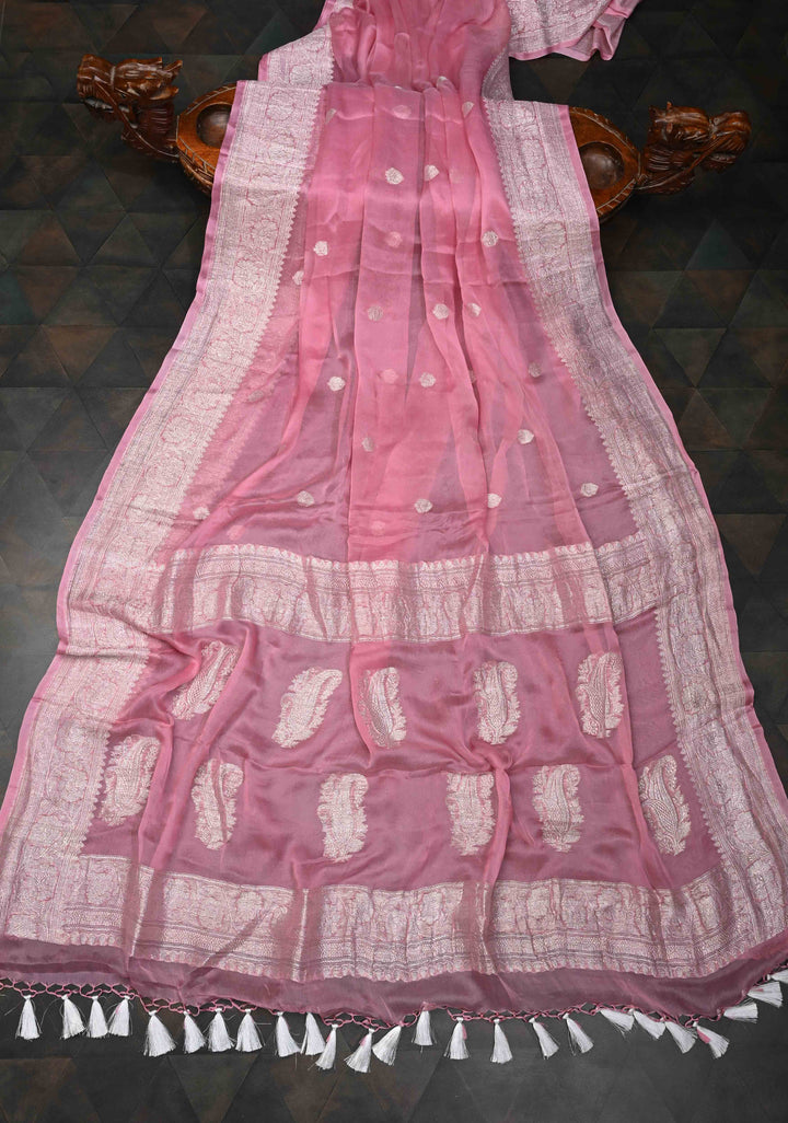 Dark Rose Pure Chiffon Silk Saree with Silver tone Zari Buttas and Border | SILK MARK CERTIFIED
