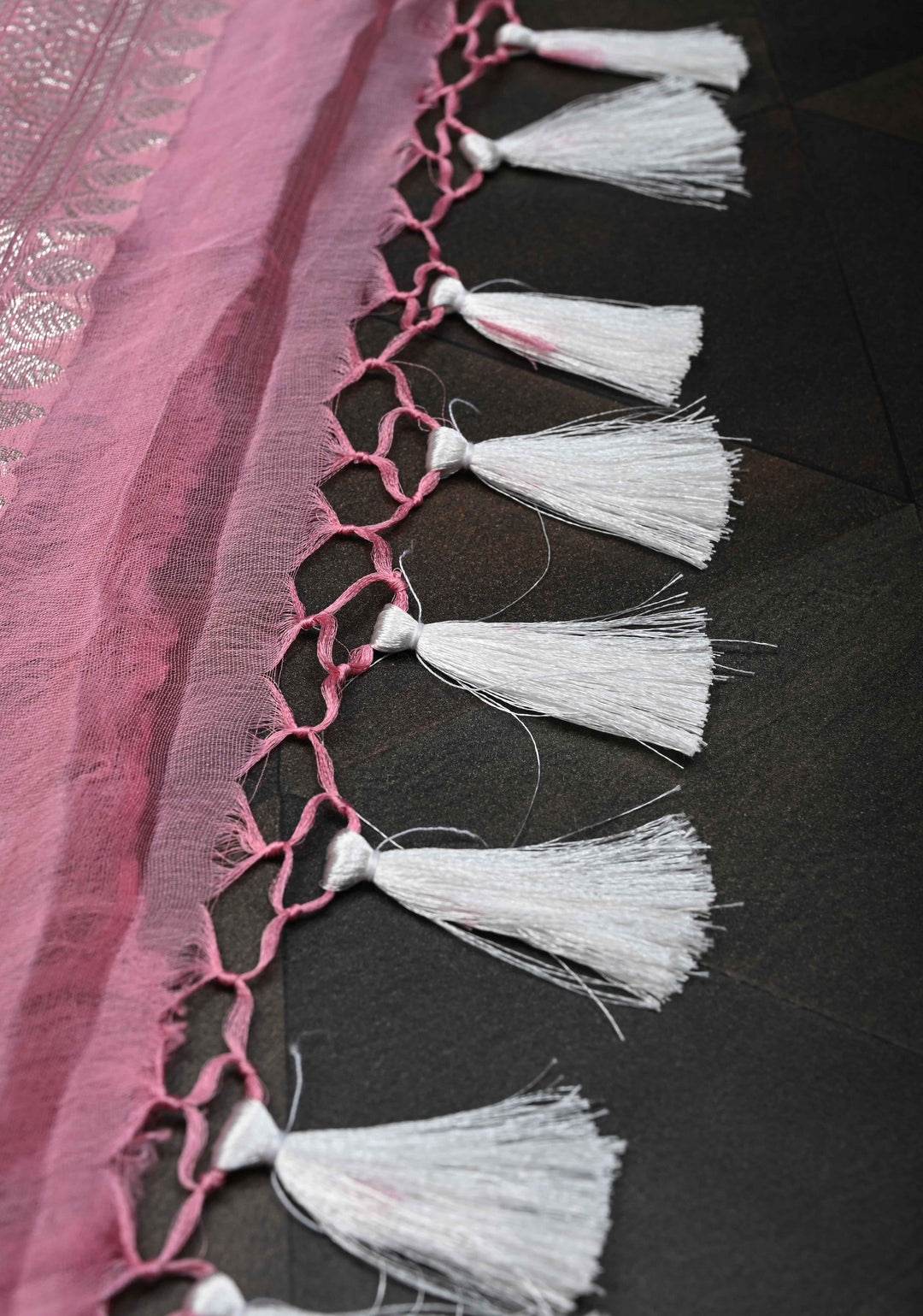 Dark Rose Pure Chiffon Silk Saree with Silver tone Zari Buttas and Border | SILK MARK CERTIFIED